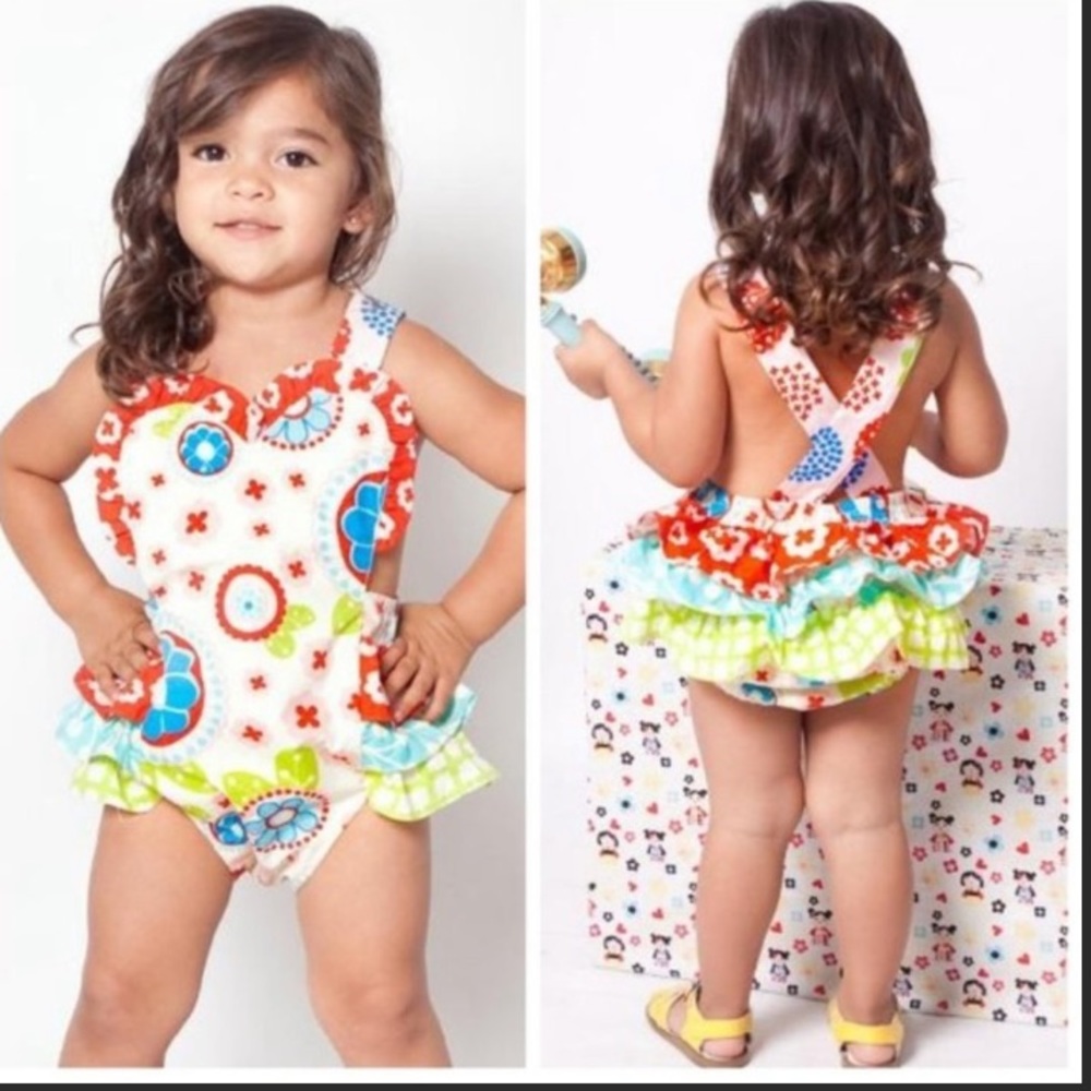 NWT Jelly & The Pug Yellow Multi Colorful Macaroon Printed Ruffle Summer Romper - Picture 5 of 6